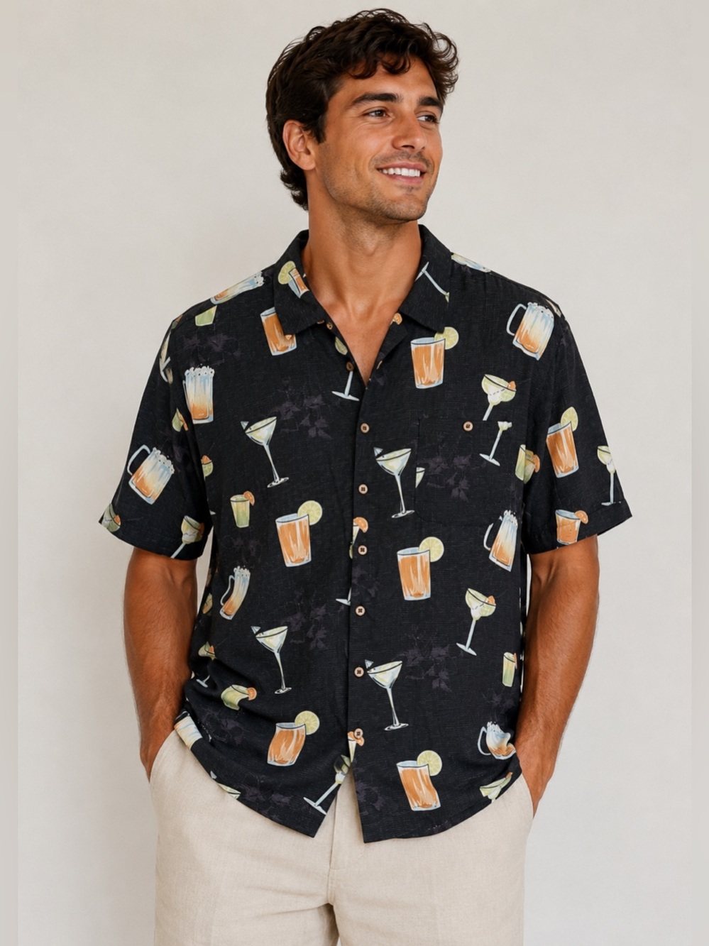 Joe Marlin Mens Cocktail Print Hawaiian Shirt Black Button Up Vacation Resort 4X